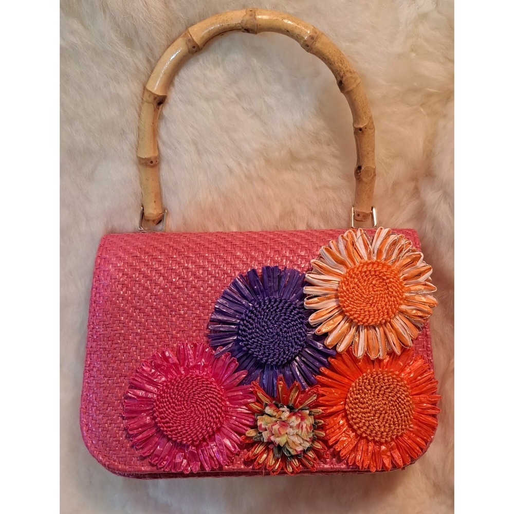 Straw Flower Purse Bamboo Handle